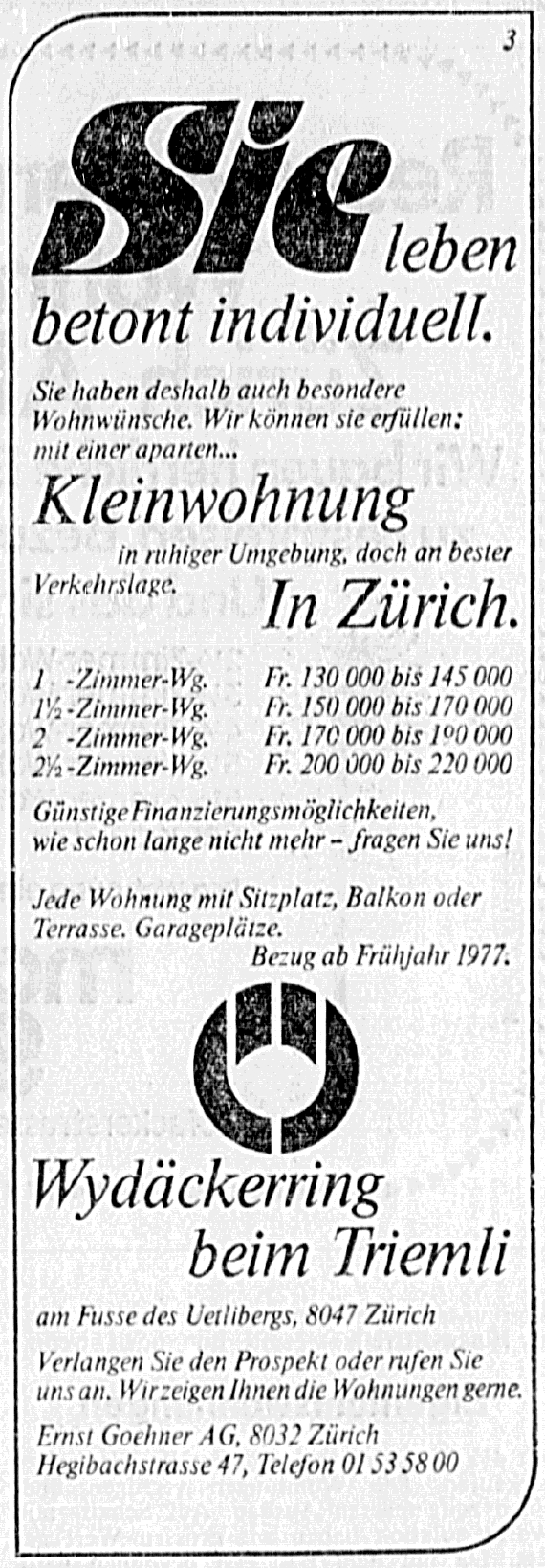 Ad for the new flats at Wydäckerring, 1977, NZZ